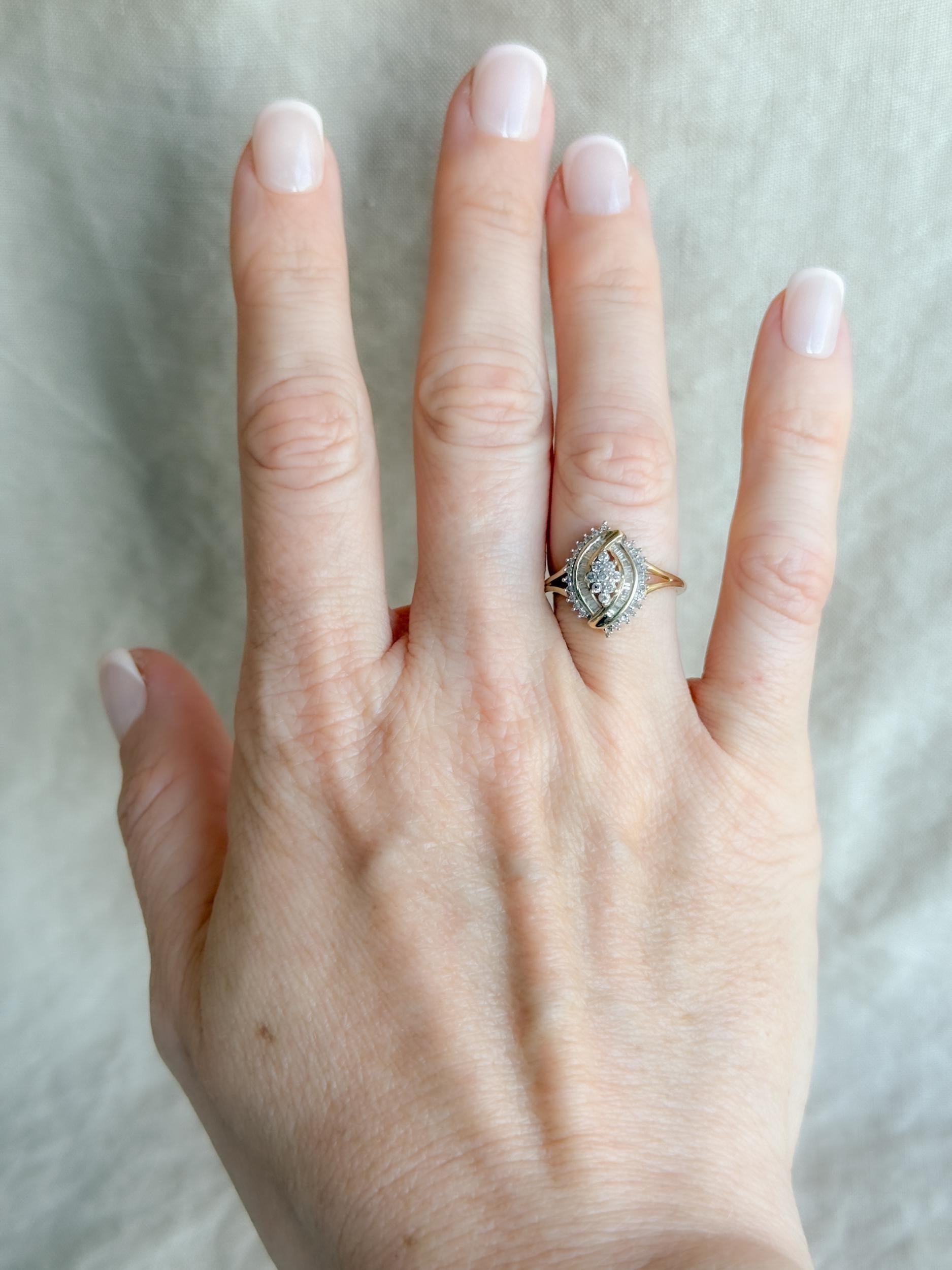 Vintage 1990s Marquise Diamond Cluster Engagement Ring - 10k Gold Retro Heirloom Statement Jewelry