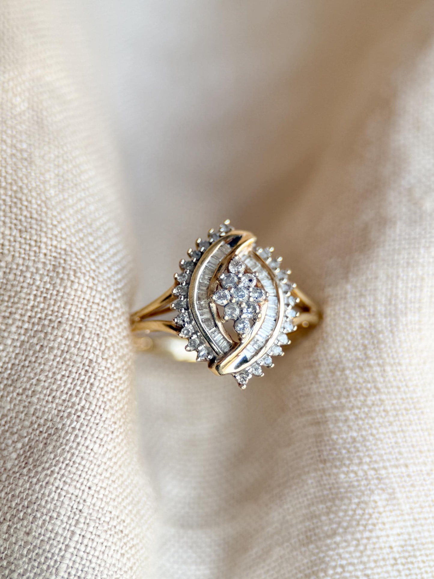 Vintage 1990s Marquise Diamond Cluster Engagement Ring - 10k Gold Retro Heirloom Statement Jewelry