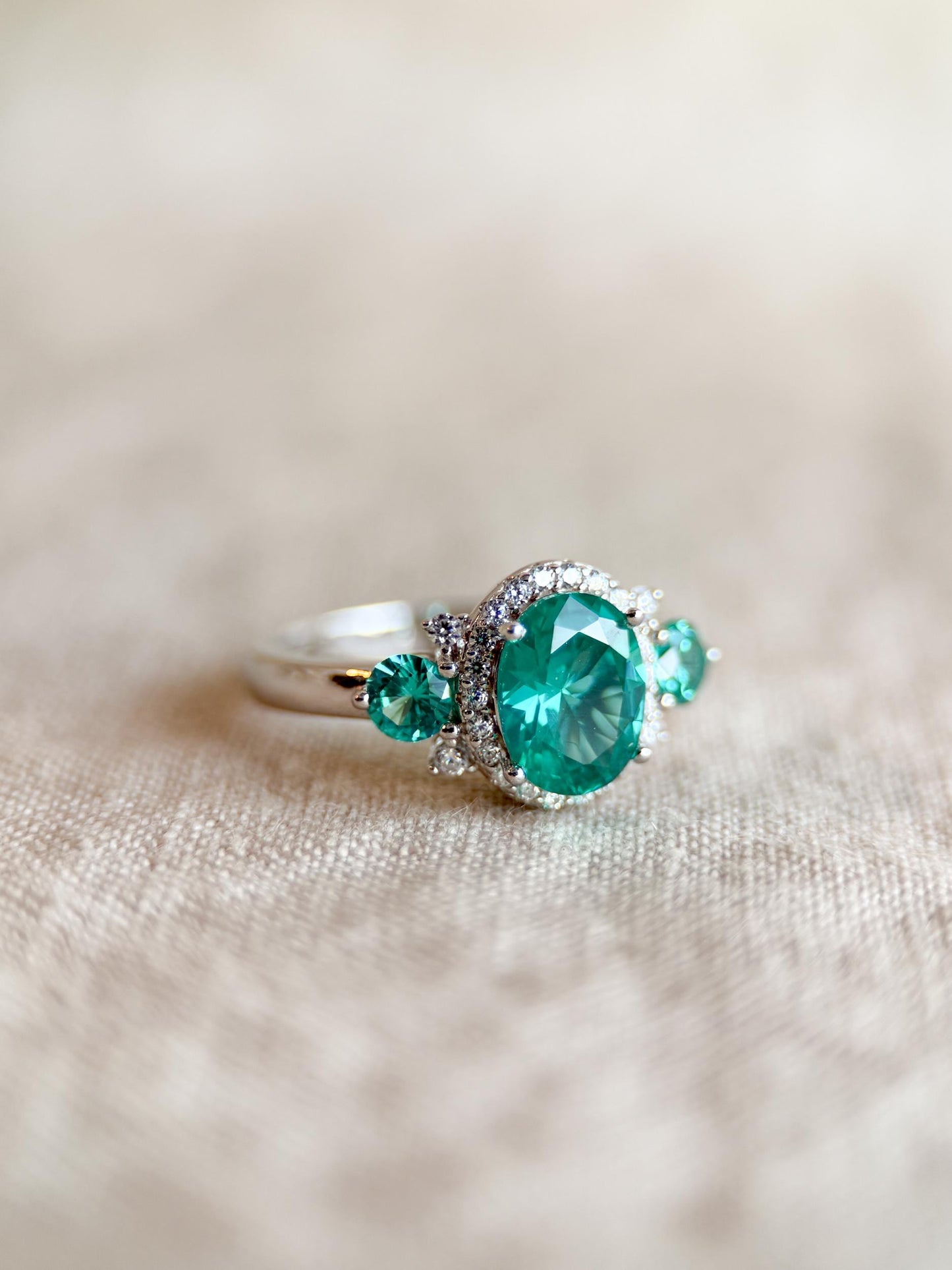 Vintage Sterling Silver Gemstone Three Stone Halo Ring, Faceted Gemstone Statement Ring, Classic Elegant Jewelry