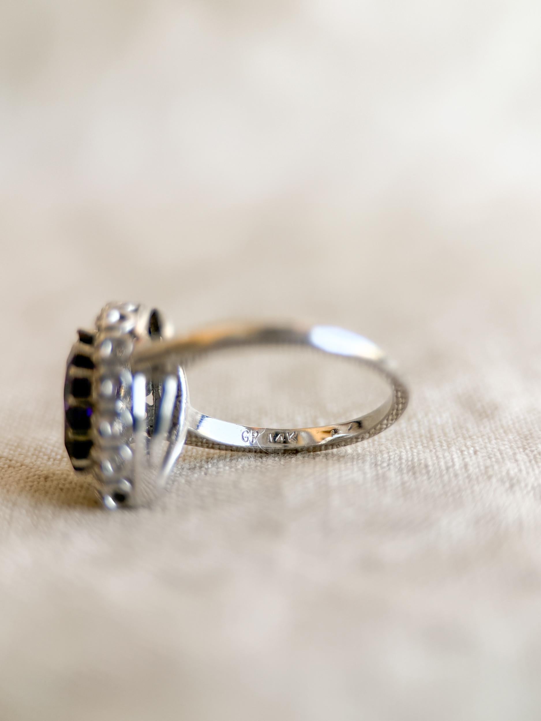 Vintage Amethyst Gemstone and Diamond Halo Ring in 14k White Gold, Retro Jewelry from the 2000s