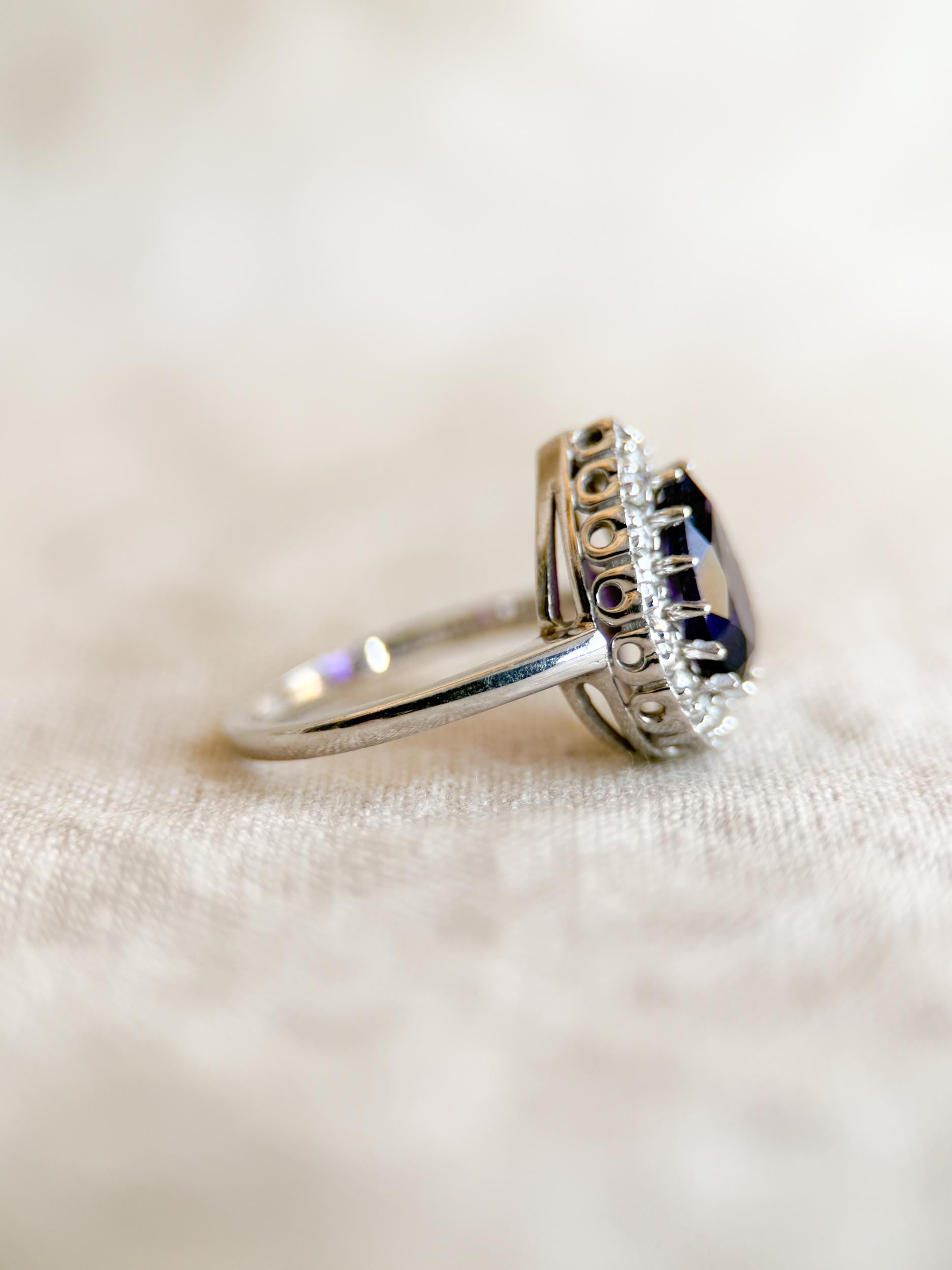 Vintage Amethyst Gemstone and Diamond Halo Ring in 14k White Gold, Retro Jewelry from the 2000s