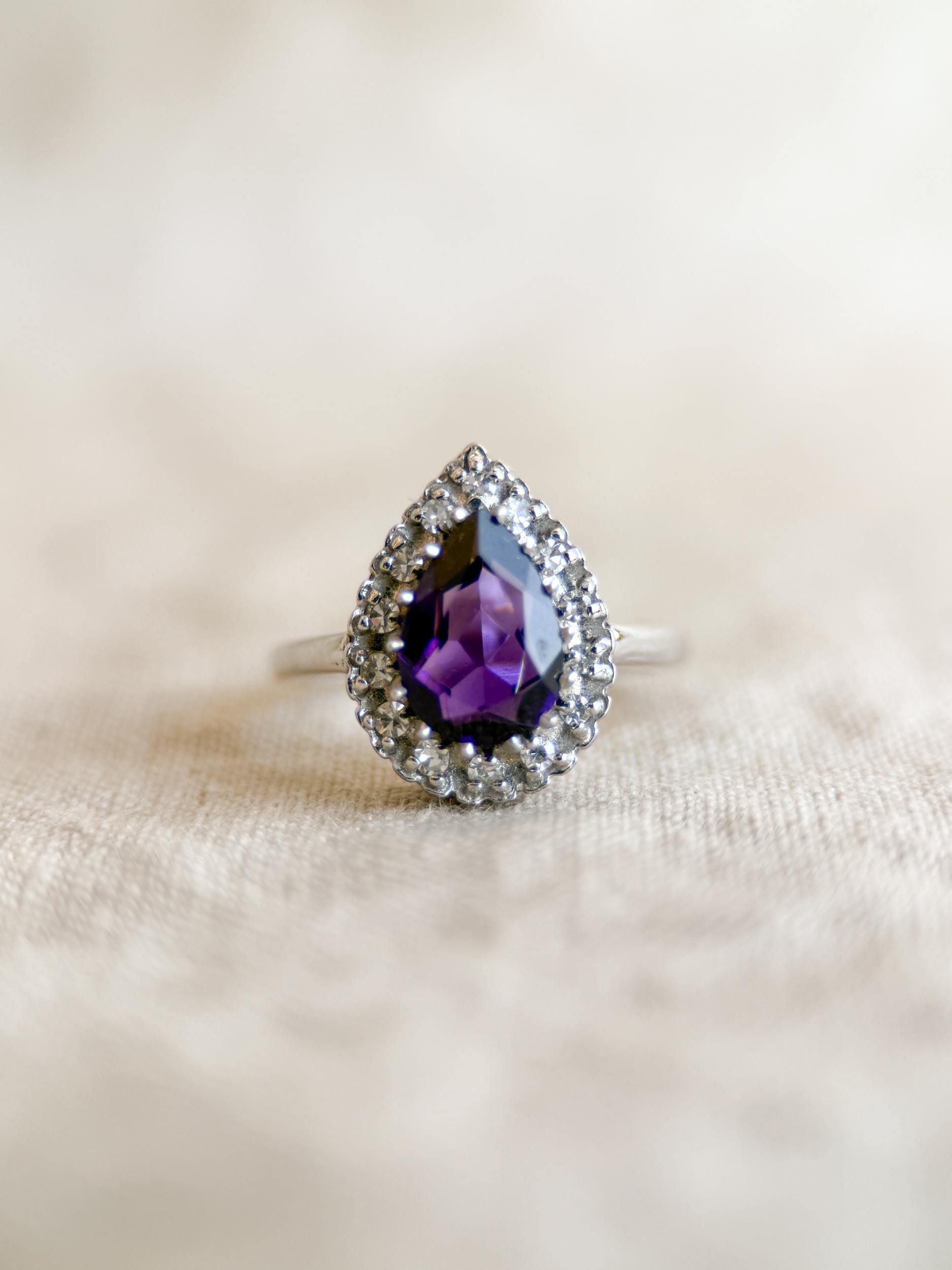 Vintage Amethyst Gemstone and Diamond Halo Ring in 14k White Gold, Retro Jewelry from the 2000s