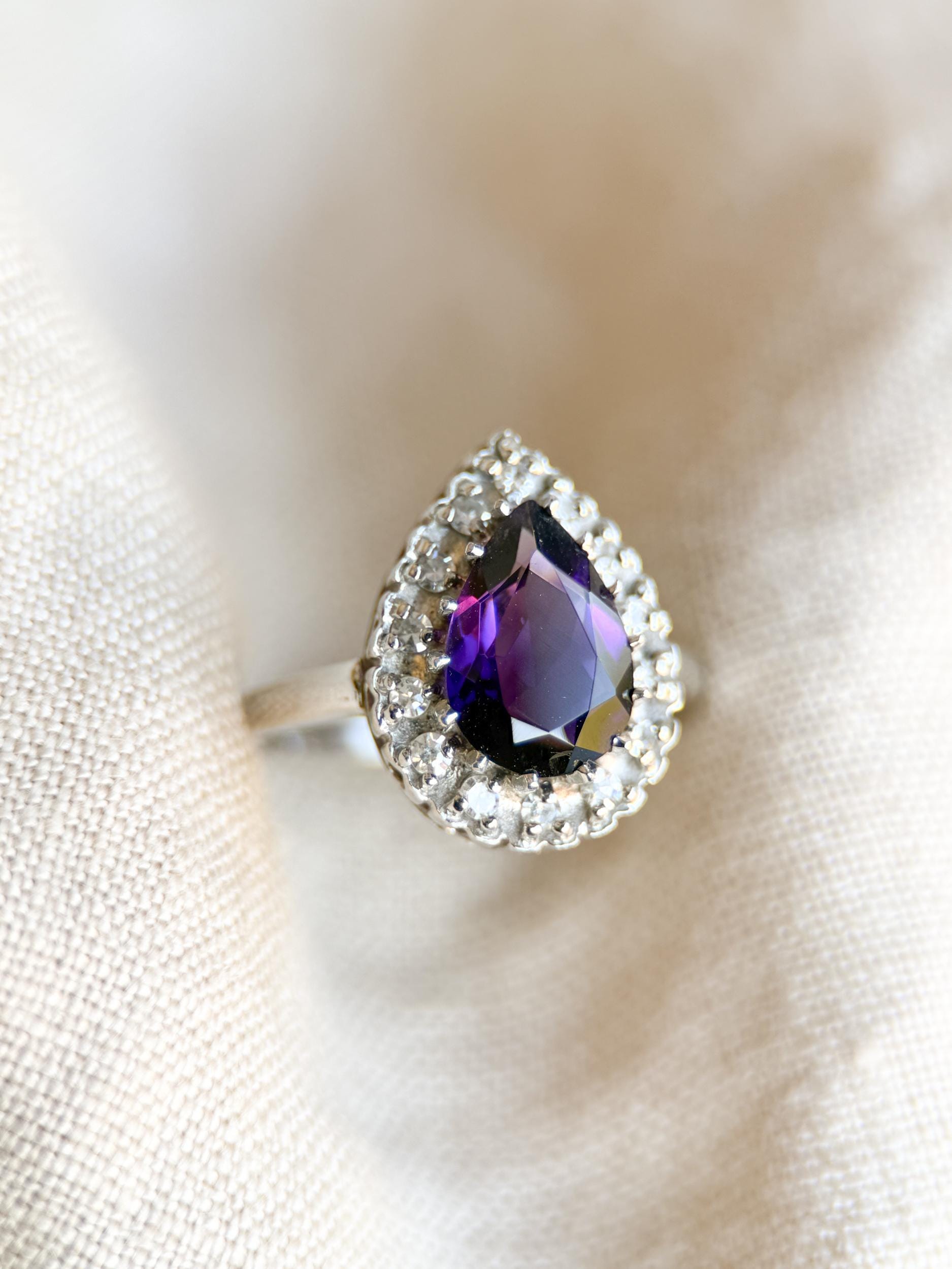 Vintage Amethyst Gemstone and Diamond Halo Ring in 14k White Gold, Retro Jewelry from the 2000s
