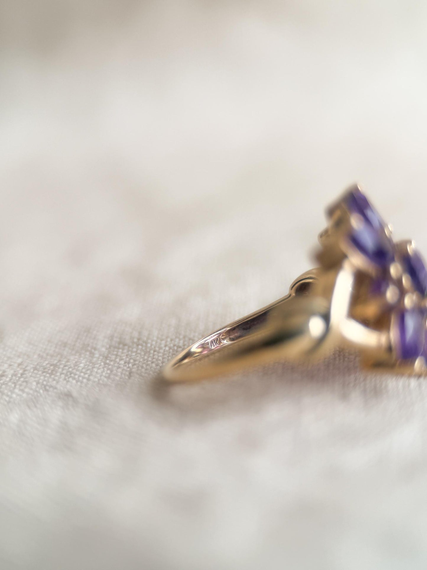 Vintage 1970s Amethyst Cluster Ring: 14k Gold Retro Statement Piece, Purple Gemstone Jewelry