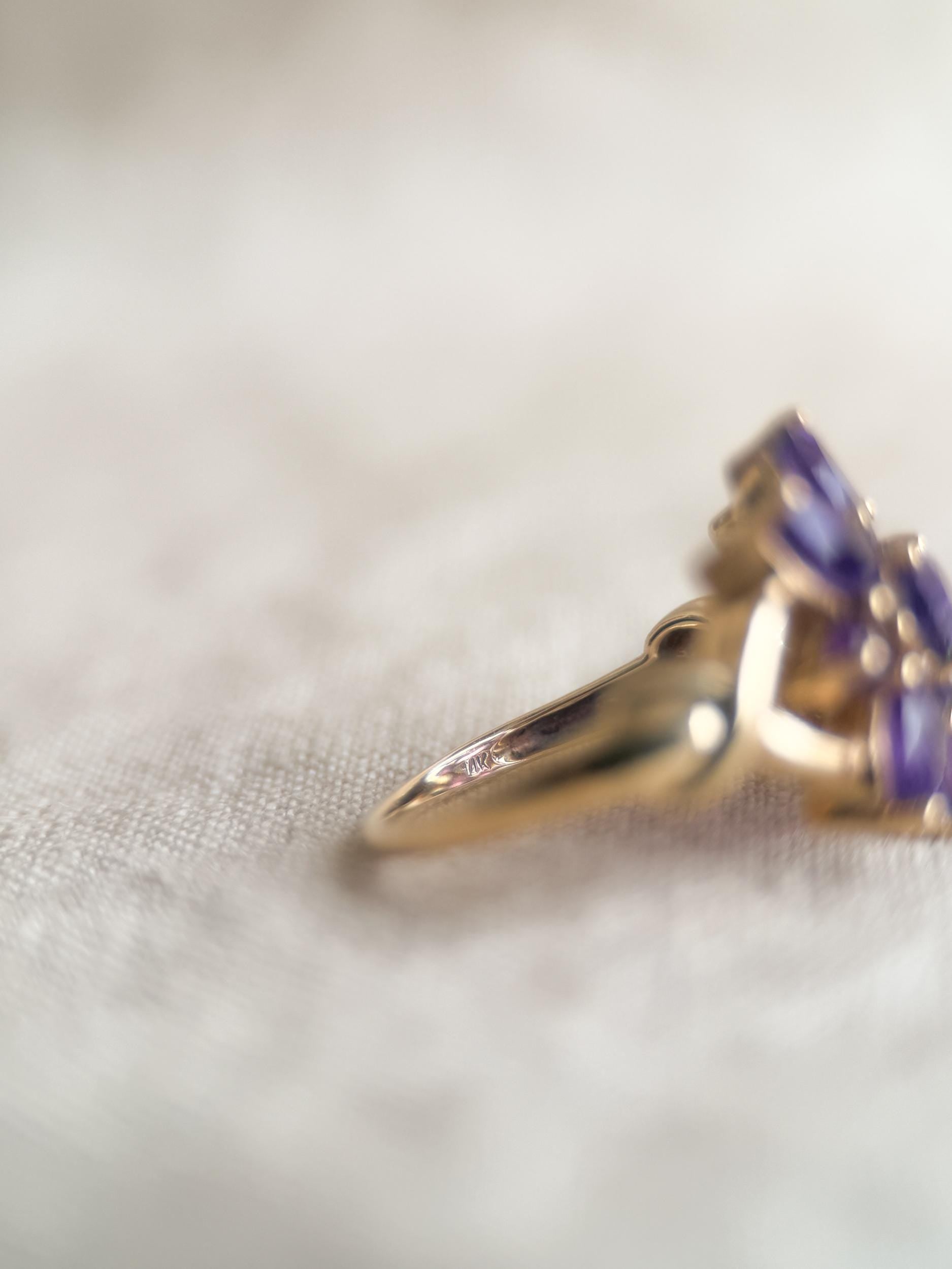 Vintage 1970s Amethyst Cluster Ring: 14k Gold Retro Statement Piece, Purple Gemstone Jewelry