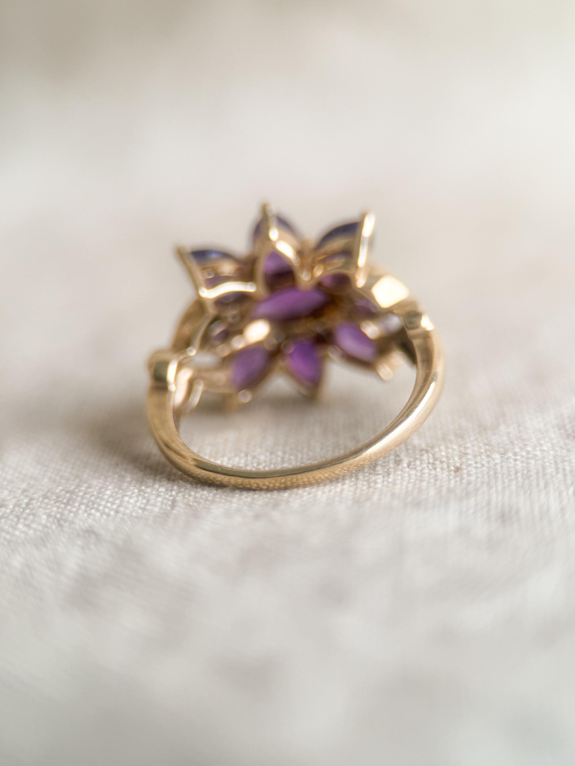 Vintage 1970s Amethyst Cluster Ring: 14k Gold Retro Statement Piece, Purple Gemstone Jewelry