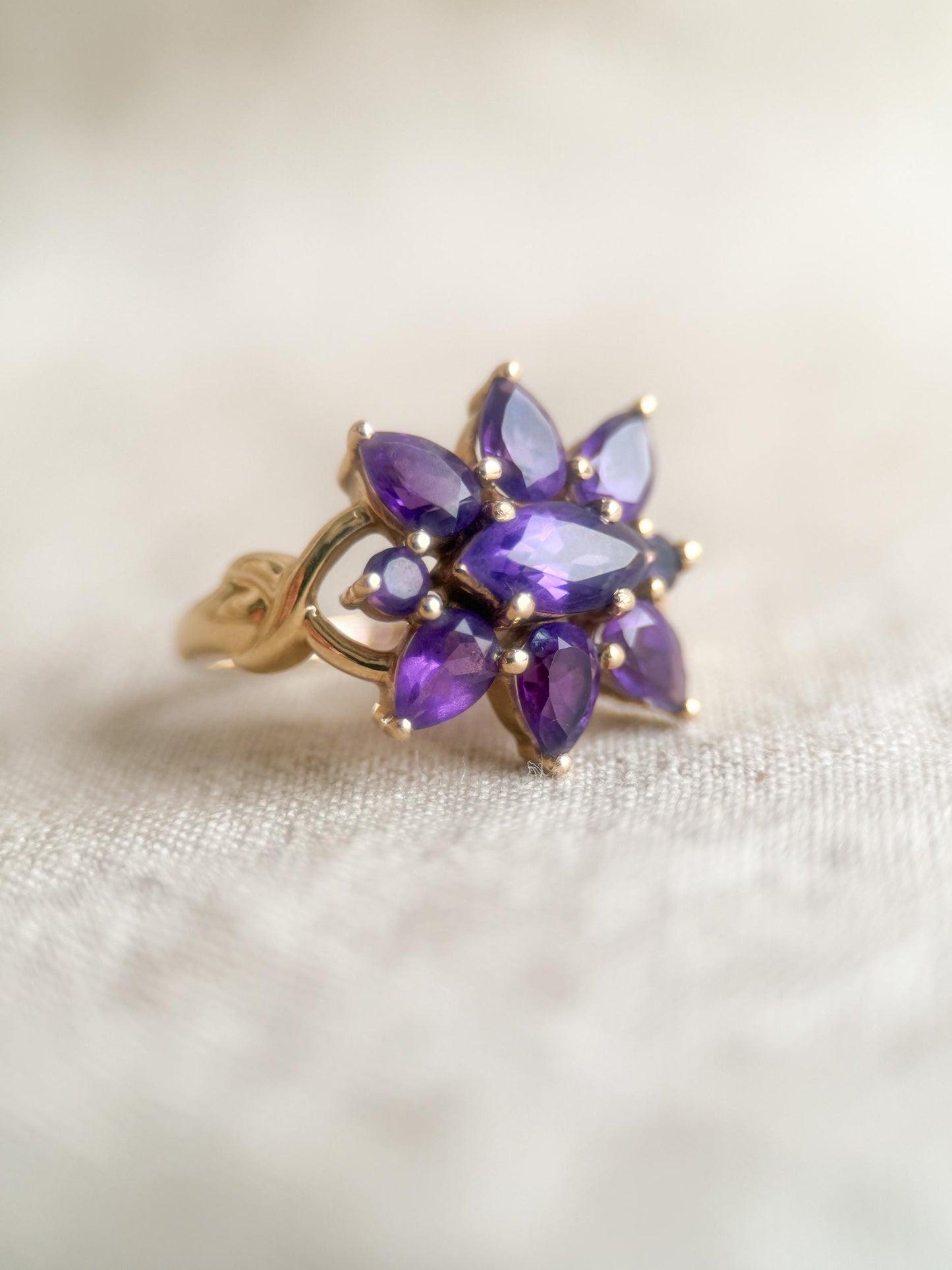Vintage 1970s Amethyst Cluster Ring: 14k Gold Retro Statement Piece, Purple Gemstone Jewelry