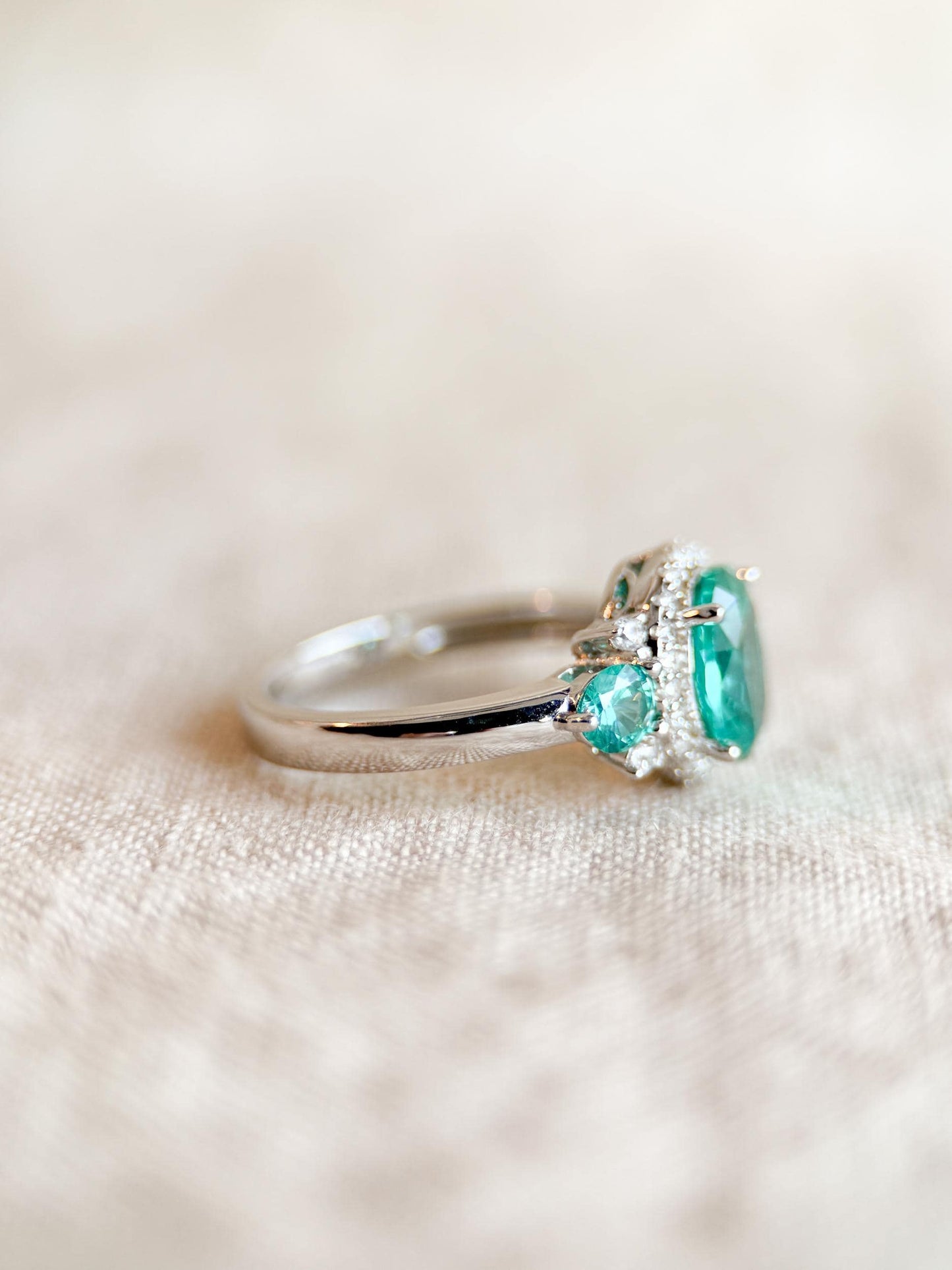 Vintage Sterling Silver Gemstone Three Stone Halo Ring, Faceted Gemstone Statement Ring, Classic Elegant Jewelry