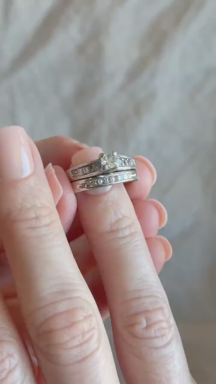 Vintage Diamond Princess Cut Channel Bridal Set in 14k White Gold and Platinum