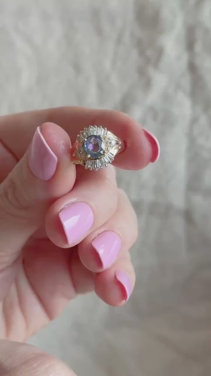 Vintage Sapphire Diamond Halo Gemstone Ring in 14k Gold