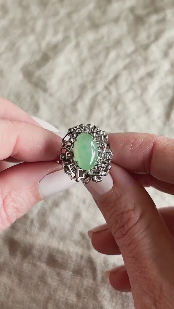 Vintage Green Jade Geometric Gemstone Ring in 14k White Gold