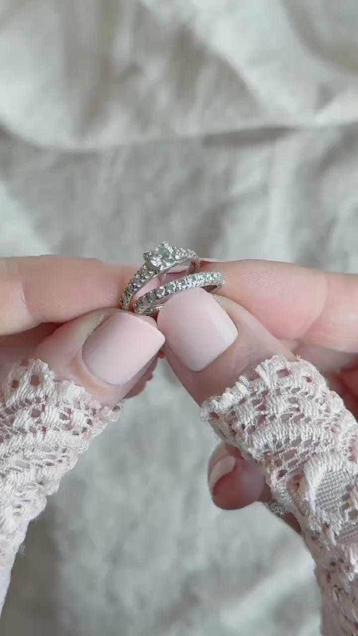 Vintage Diamond Engagement Ring and Wedding Band Set in 14k White Gold