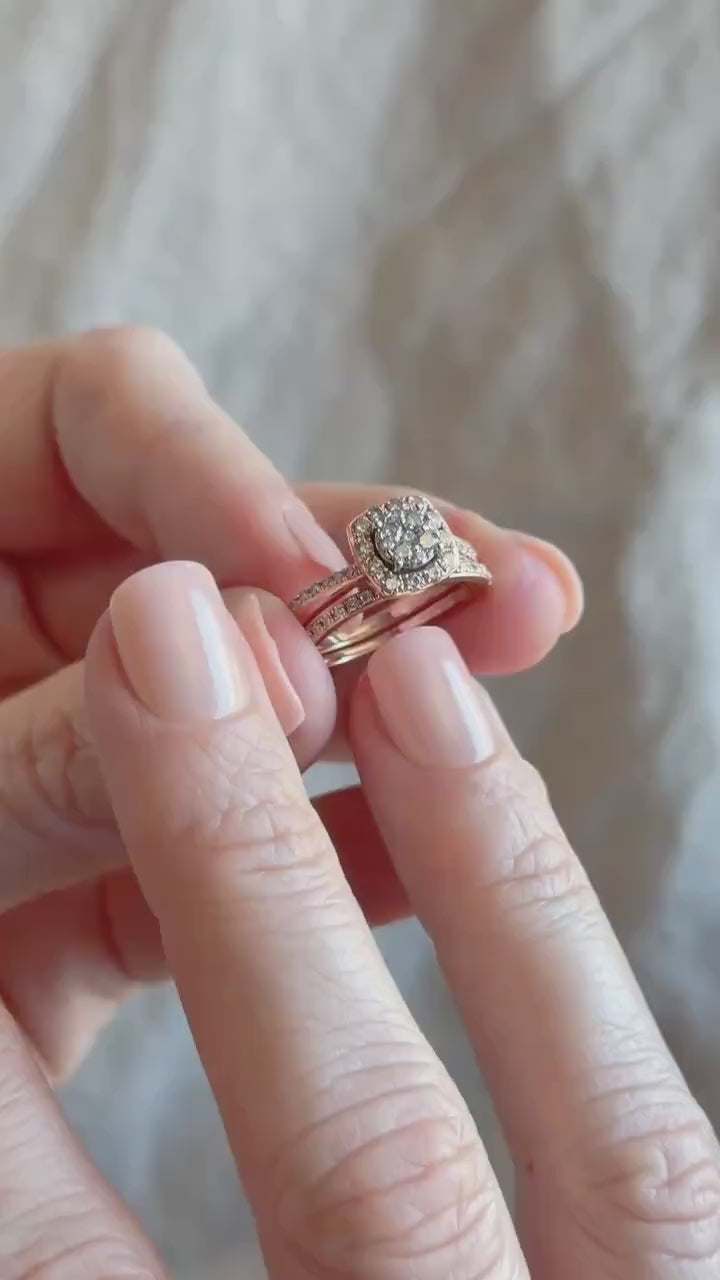 Vintage Diamond Halo Engagement Ring and Wedding Band Bridal Set in 14k Rose Gold