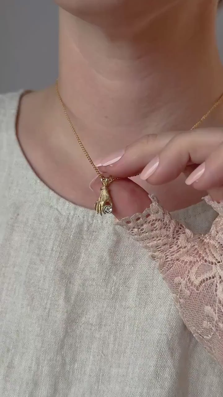 Vintage Diamond Hand Pendant in 14k Gold