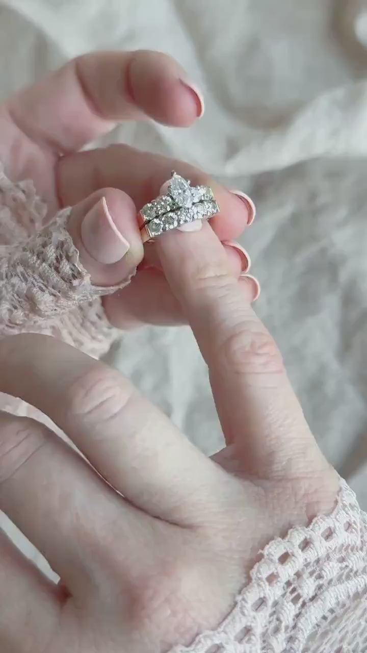 Vintage Diamond Bridal Set with Marquise Engagement Ring and Wedding Band in 14k Gold