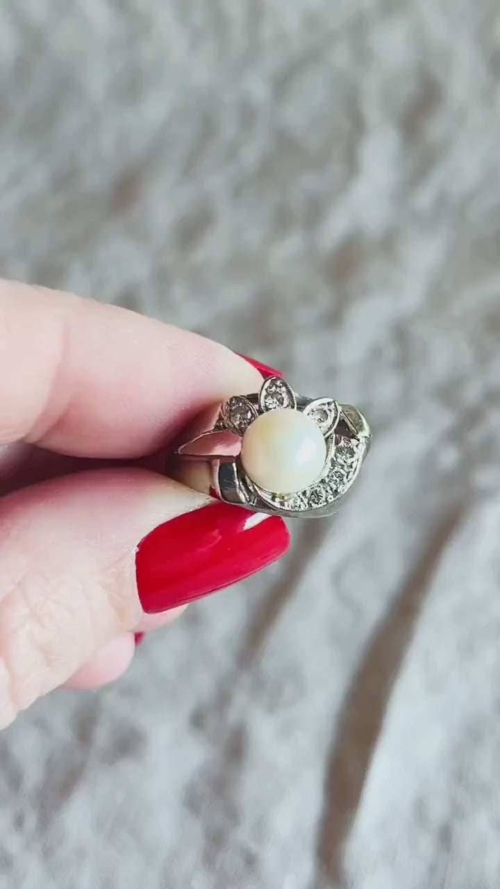 Vintage Pearl and Diamond Ring in 14k White Gold