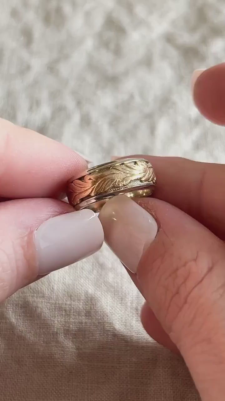Vintage Floral Filigree Wedding Band in Yellow and White Gold