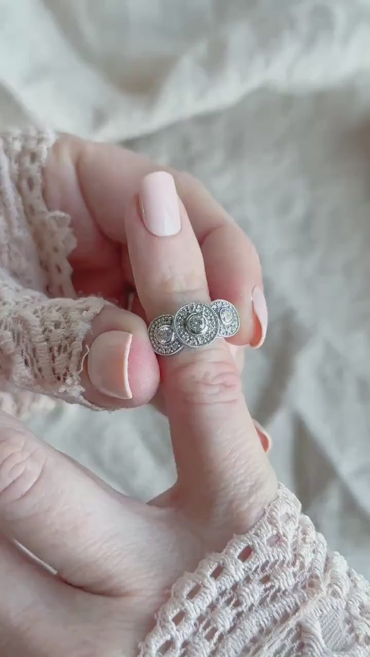 Vintage Diamond Halo Bezel Three Stone Engagement Ring in 14k White Gold - Retro 1990s Jewelry - Timeless