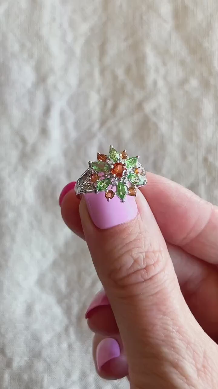 Vintage Green and Orange Garnet Floral Gemstone Ring in 14k White Gold