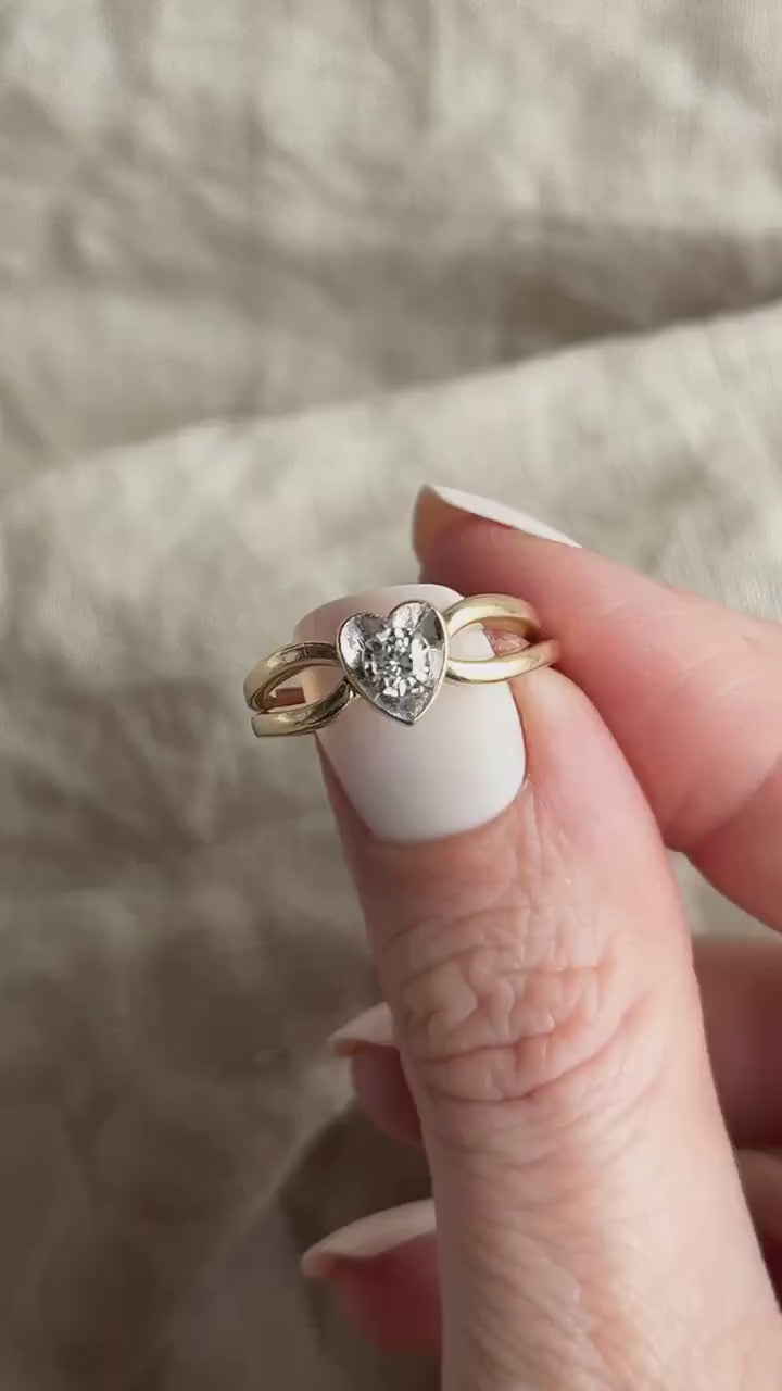 Vintage Diamond Heart Engagement Ring and Wedding Band Set in 14k Gold