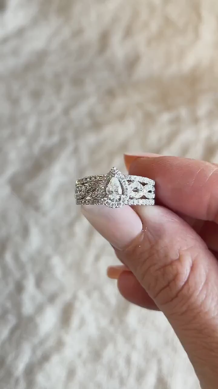 Vintage Bridal Set with Pear Diamond Halo Engagement Ring and Wedding Bands in 14k White Gold - Timeless