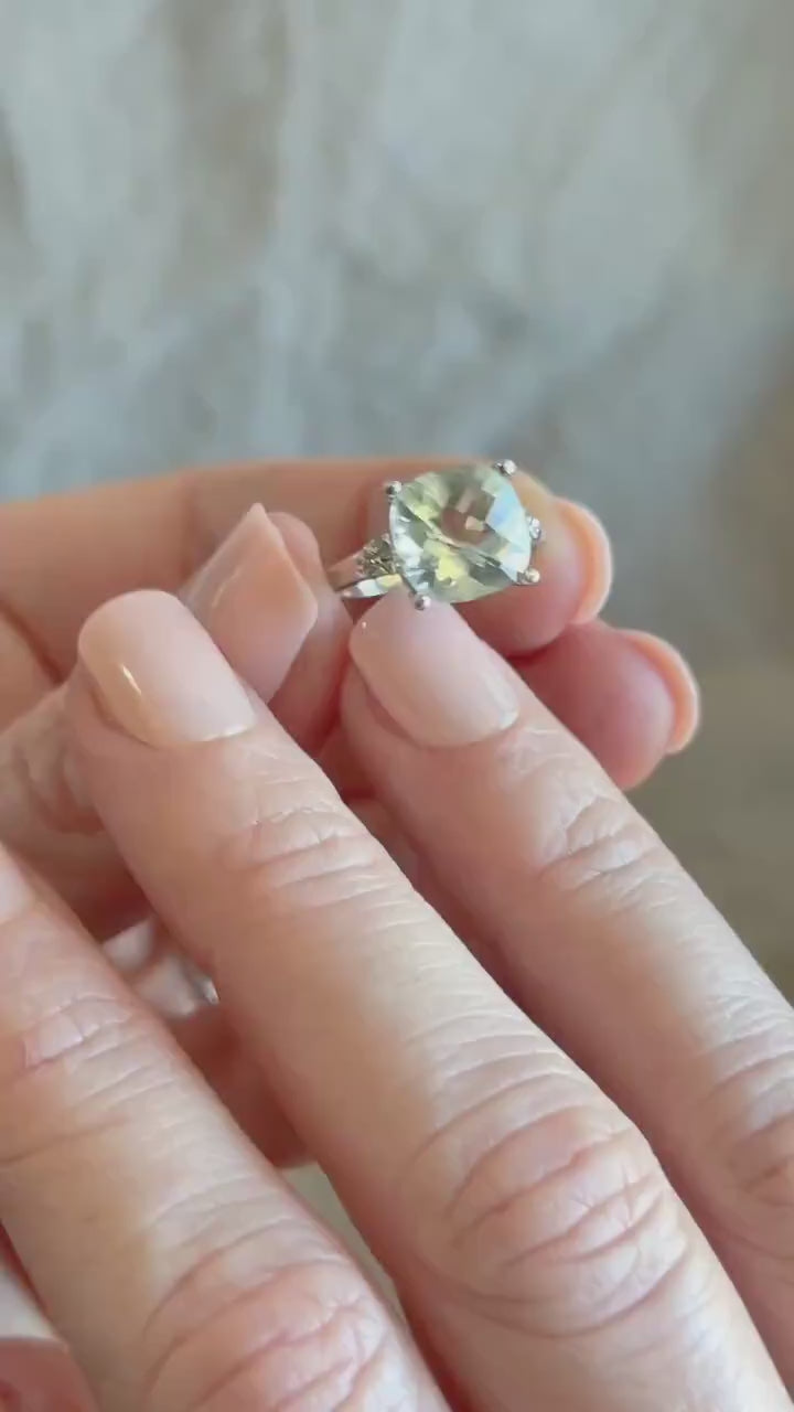 Vintage Green Prasiolite Gemstone Ring in 10k White Gold