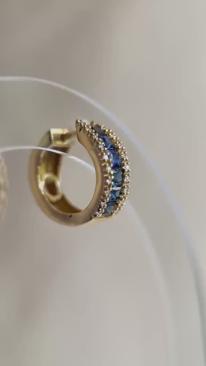 Vintage 1990s Sapphire Diamond Hoop Earrings - 14k Gold Retro Fine Jewelry for Women
