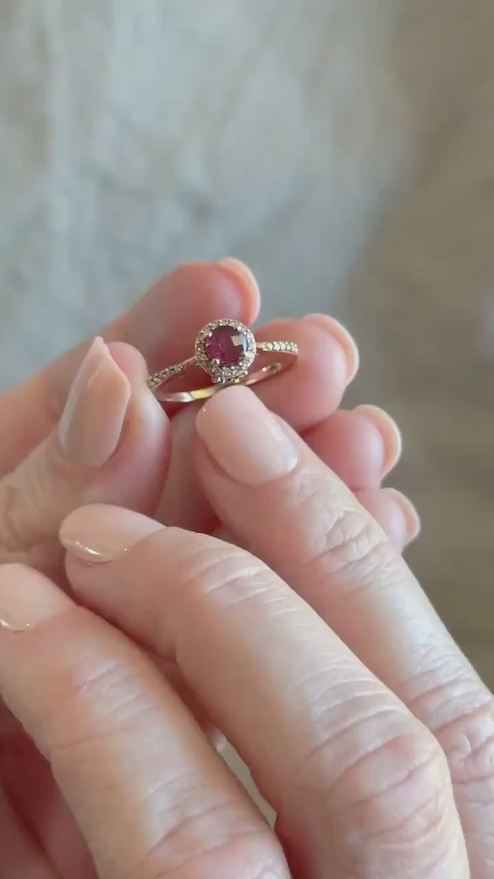 Vintage Rhodolite Garnet Halo Gemstone Ring in 14k Rose Gold