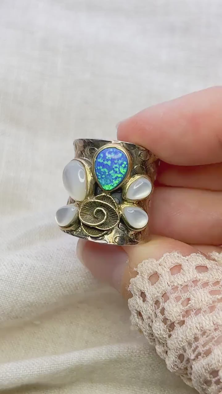 Vintage Opal Boho Floral Gemstone Cigar Band Ring in Sterling Silver