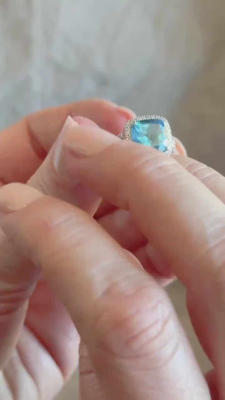 Vintage Blue Topaz Halo Ring in 14k White Gold