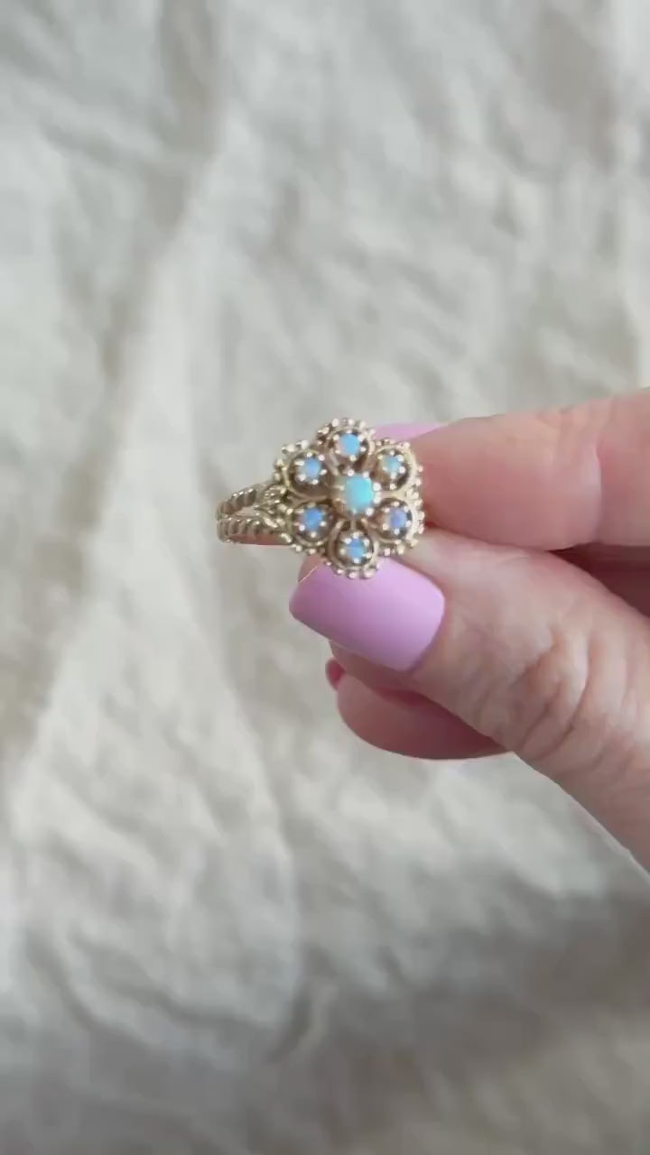 Vintage Opal and Floral Halo Ring in 14k Gold