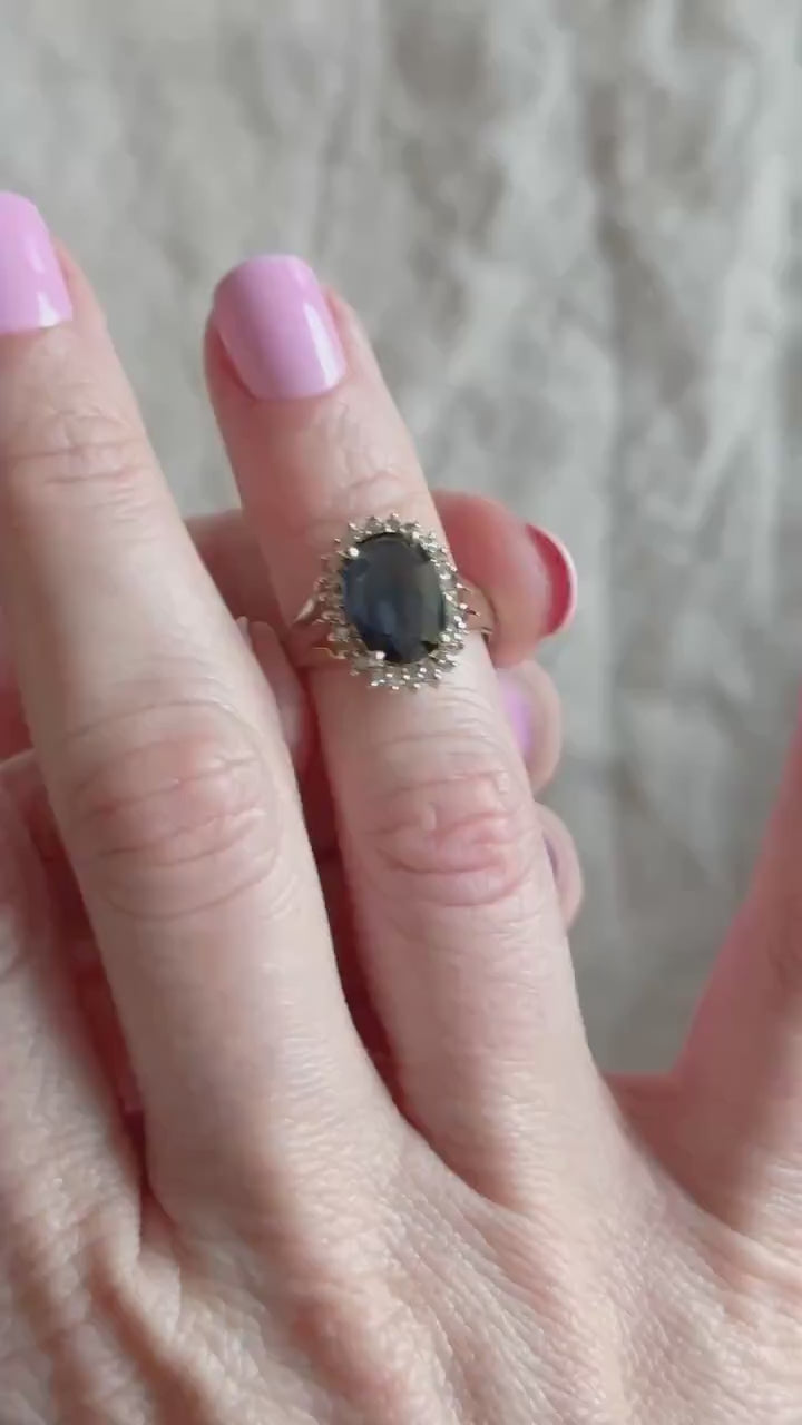 Vintage Sapphire Diamond Halo Gemstone Ring in 14k Gold