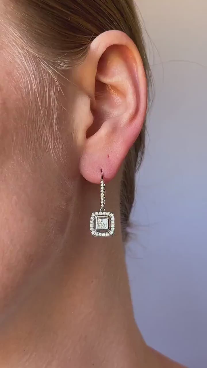 Vintage Diamond Halo Dangle Earrings in 14k White Gold