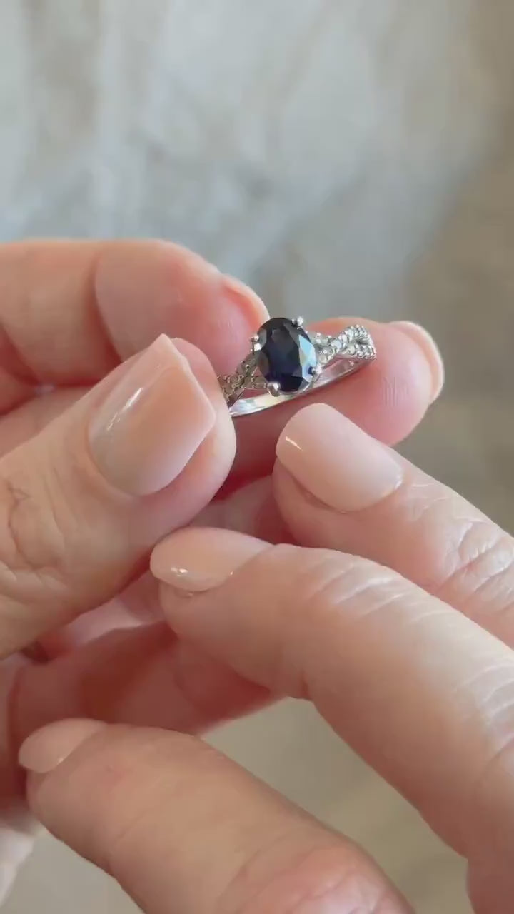 Vintage Oval Blue Sapphire Infinity Ring in 10k White Gold