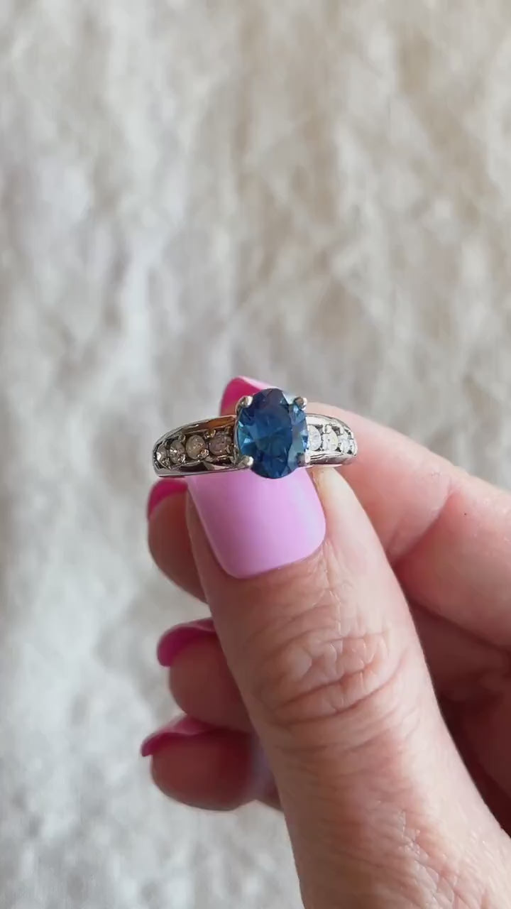 Vintage Oval Cut Blue Topaz Gemstone and Diamond Ring in 14k White Gold