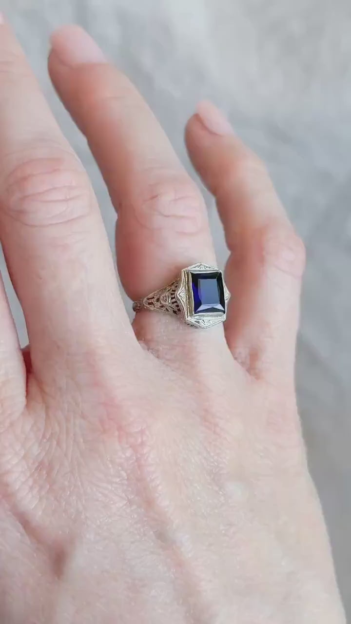 Vintage Blue Sapphire Filigree Gemstone Ring in 14k White Gold