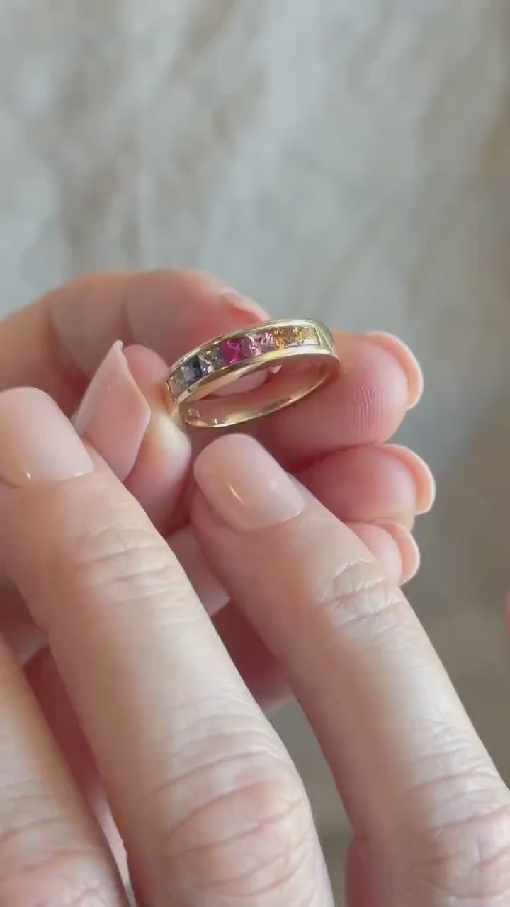 Vintage Rainbow Sapphire Channel Set Band in 14k Gold
