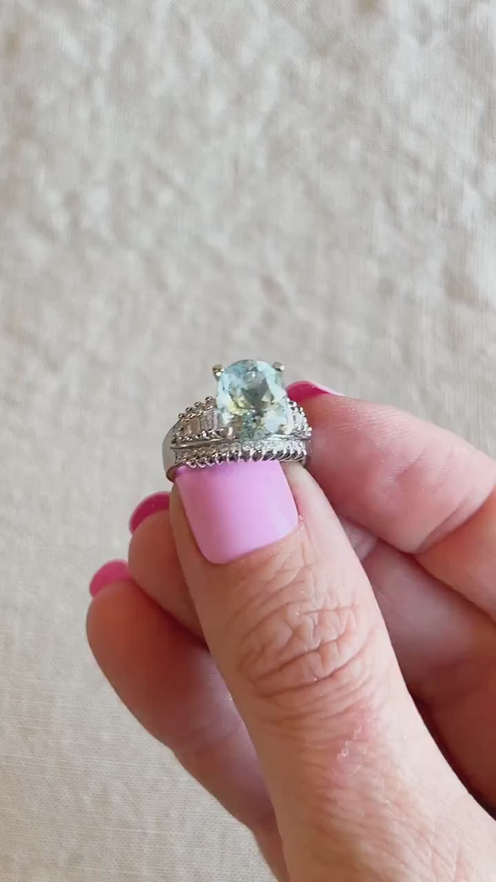 Vintage Oval Cut Aquamarine and Diamond Ring in 18k White Gold