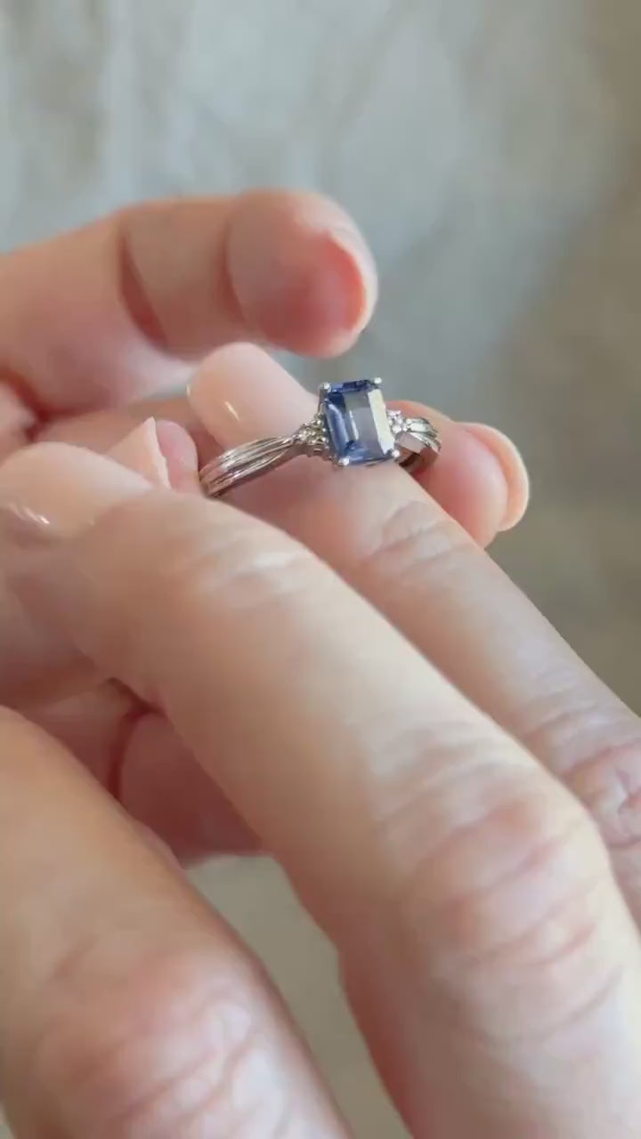 Vintage Emerald Cut Blue Sapphire Gemstone Ring in 10k White Gold