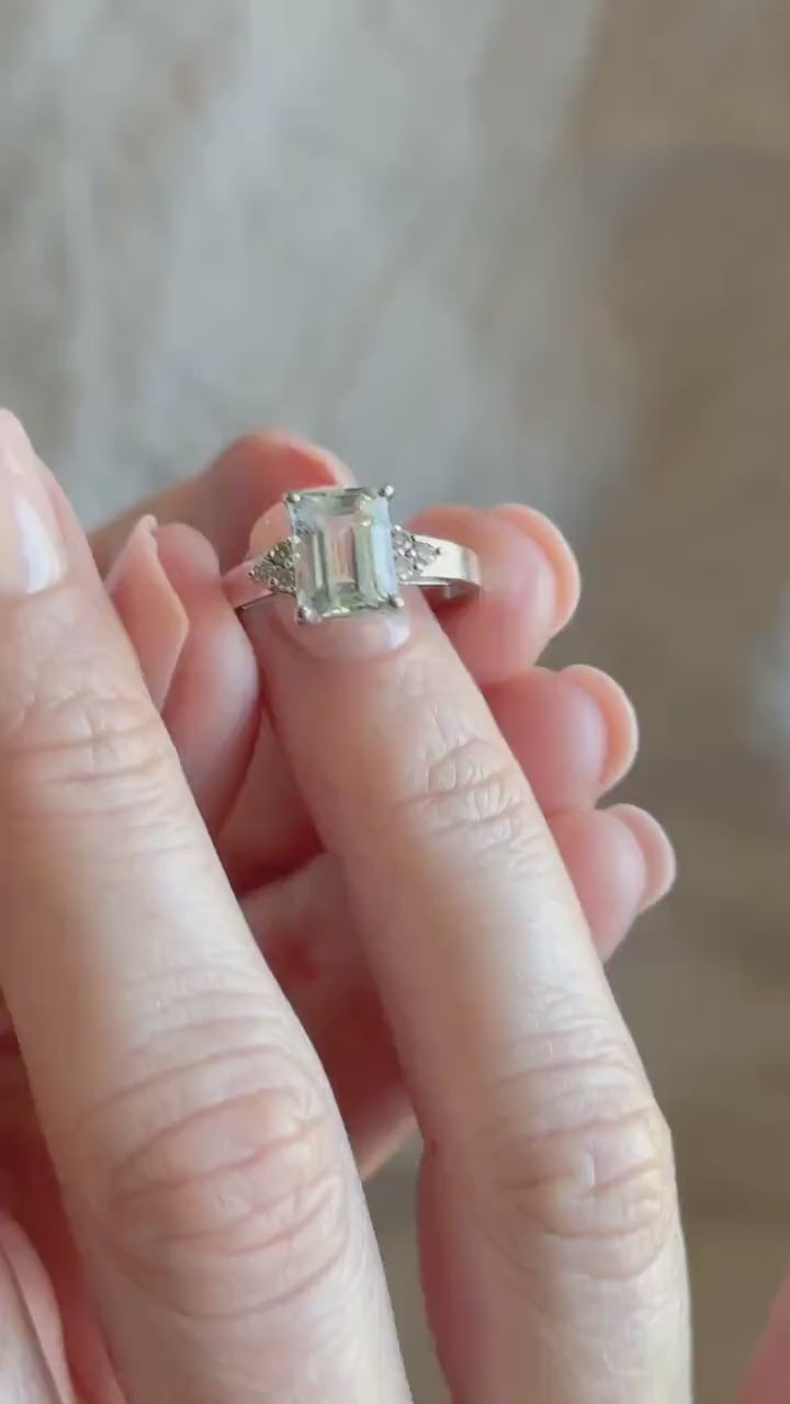 Vintage Emerald Cut Aquamarine and Diamond Ring in 14k White Gold