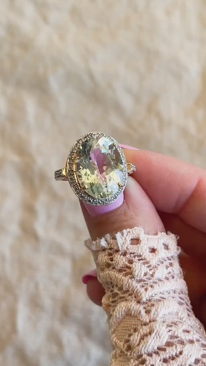 Vintage Green Prasiolite Halo Gemstone Ring in 14k Gold