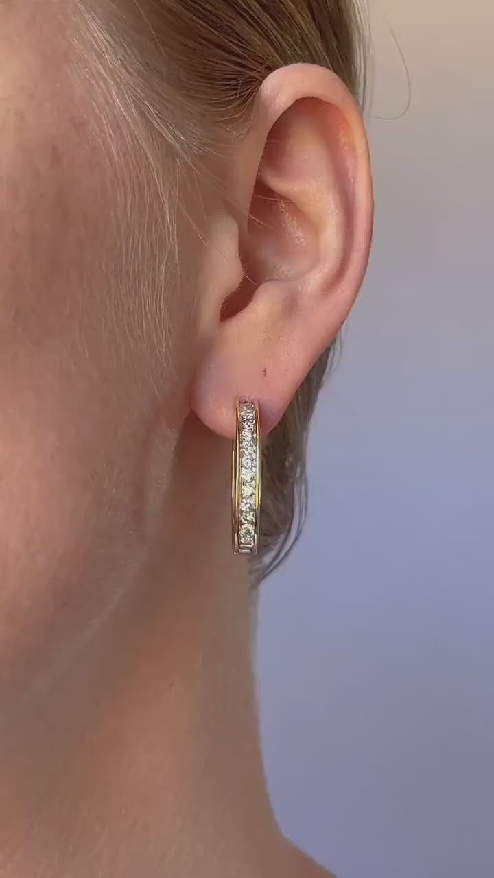 Vintage Diamond Oval Hoop Earrings in 14k Gold