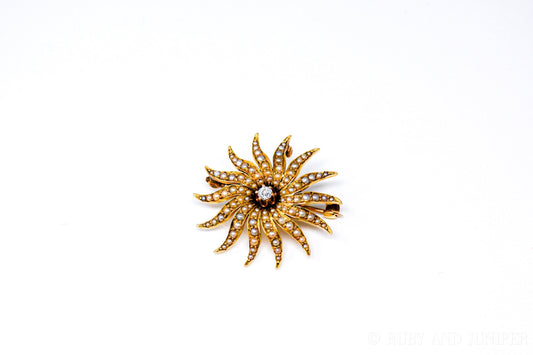Vintage Diamond Sunburst Brooch in 14k Gold, Antique Gemstone Pearl Pin - Timeless, Sustainable, @JewelryOnRepeat