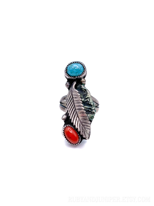 Vintage Turquoise Coral Gemstone Ring in Sterling Silver, Vintage & Retro Jewelry - Timeless, Sustainable, @JewelryOnRepeat