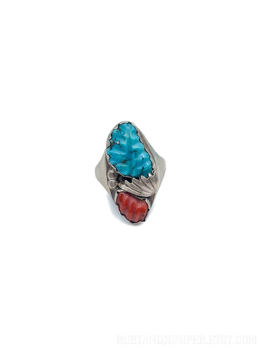 Vintage Turquoise Coral Gemstone Ring in Sterling Silver, Retro Jewelry from the 1990s - Timeless, Sustainable, @JewelryOnRepeat