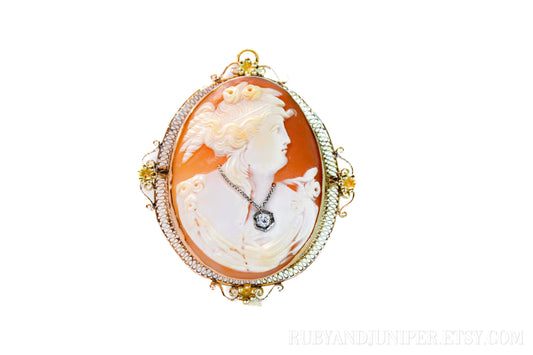 Vintage Cameo and Diamond Brooch in 14k Gold, Antique Pin Pendant - Timeless, Sustainable, @JewelryOnRepeat