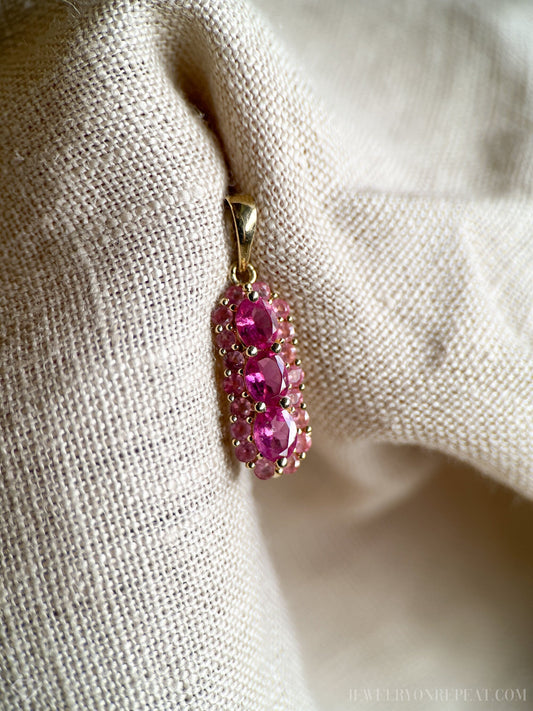 Vintage Pink Tourmaline Three Stone Halo Gemstone Pendant in 14k Gold, Retro 1990s Jewelry 1990s - Timeless, Sustainable, @JewelryOnRepeat
