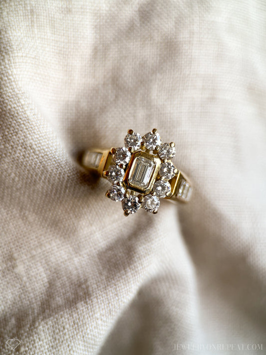 Vintage Emerald Cut Diamond Halo Engagement Ring in 18k Gold, Retro Jewelry from the 1990s - Timeless, Sustainable, @JewelryOnRepeat