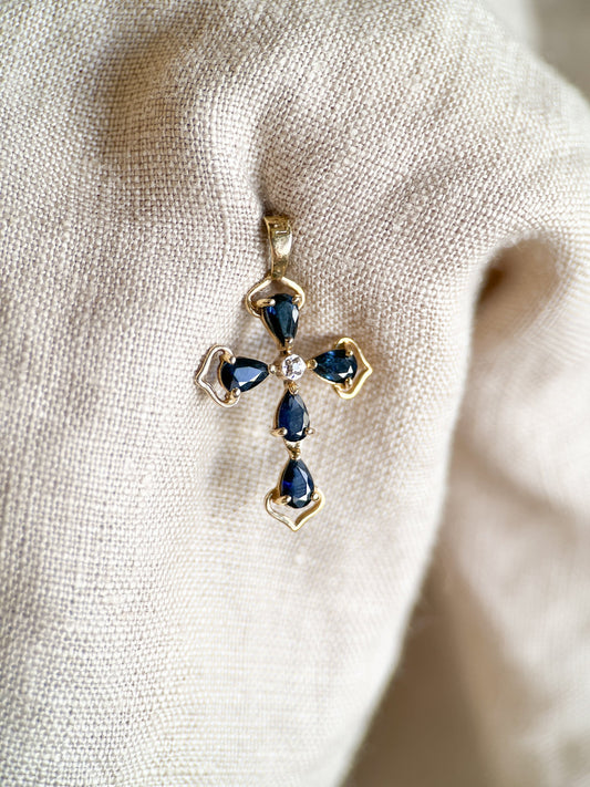 Vintage Sapphire Cross Pendant in 14k Gold, Antique Jewelry from the 1960s - Timeless, Sustainable, @JewelryOnRepeat