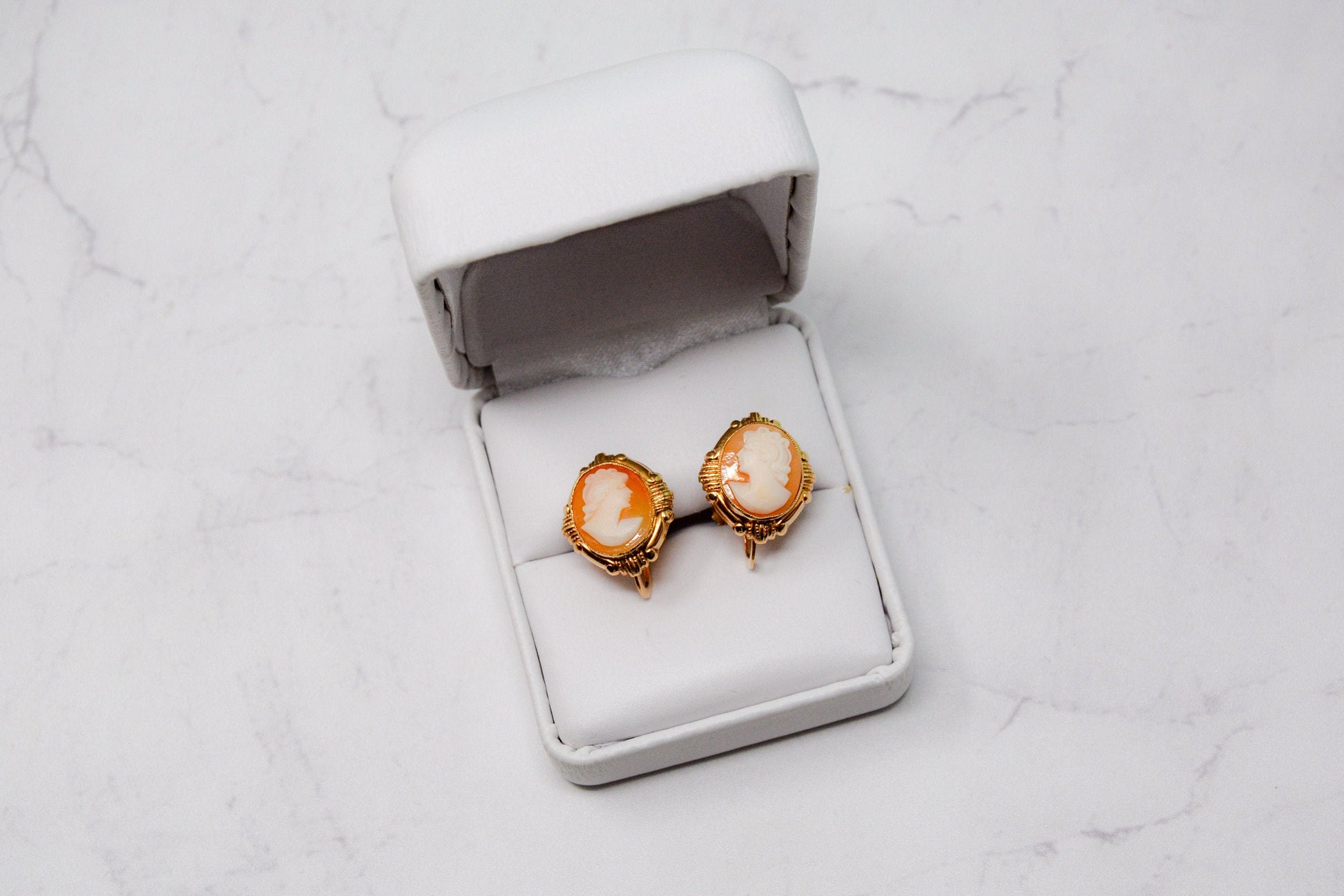 Vintage Clip On Cameo Earrings in 14k Gold